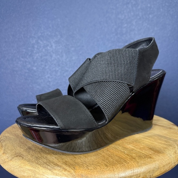 Kenneth Cole “Sole Less” Black Wedge Sandals with Elastic Straps, Size 9.5 - Picture 1 of 8